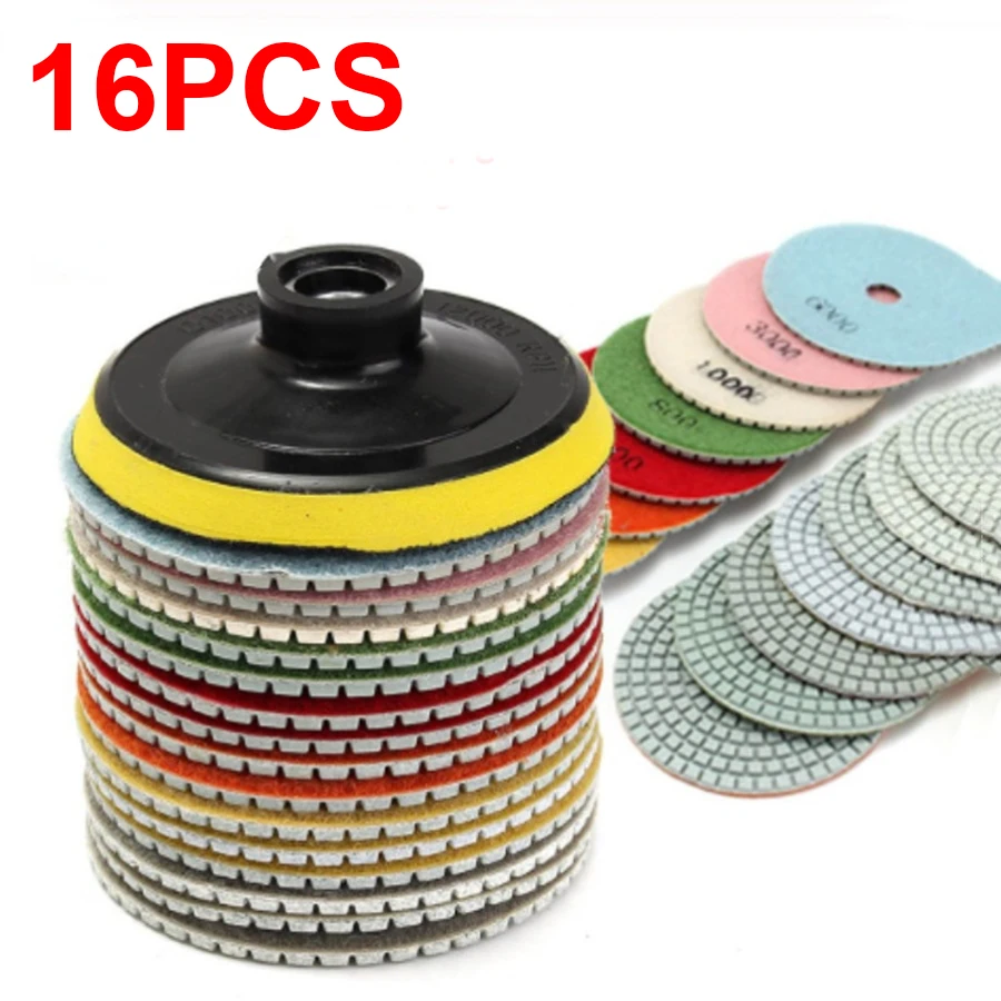 16pcs 100mm 4 inch Diamond Polishing Pads Kit Wet/Dry for Granite Stone Concrete Marble Polishing