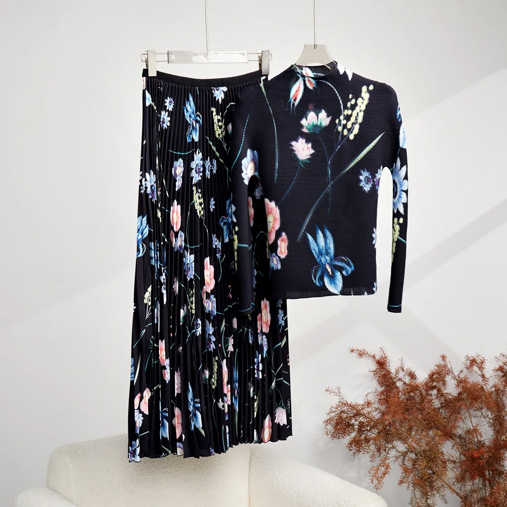 Spring Autumn Runway 2 Pieces Sets Women's Turtleneck Flower Print Stretch Pullover Top＋Long Pleated