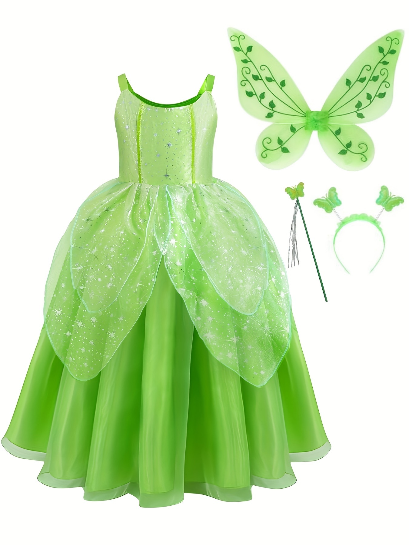 4pcs Kids Girls Cute Layered Mesh Hem Elf Dress Fairytale Cosplay Princess Dress & Wings & Head Accessories & Magic 