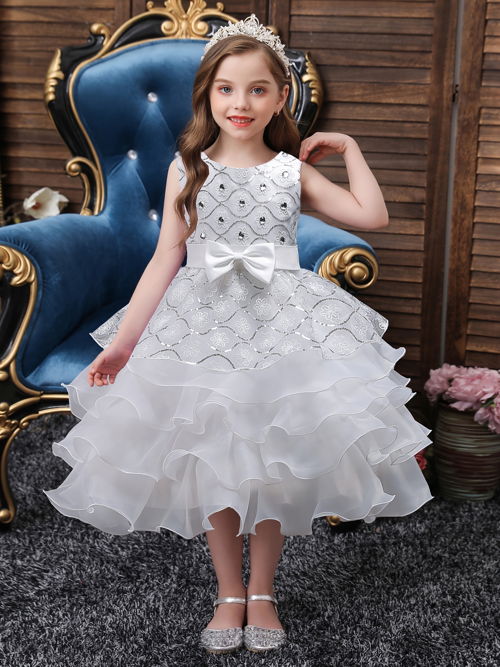Girls Party Dresses Elegant O-neck Kid Clothes Floral Embroidery Bowknot Decor Sleeveless Layered Mesh Princess Dress Clothes