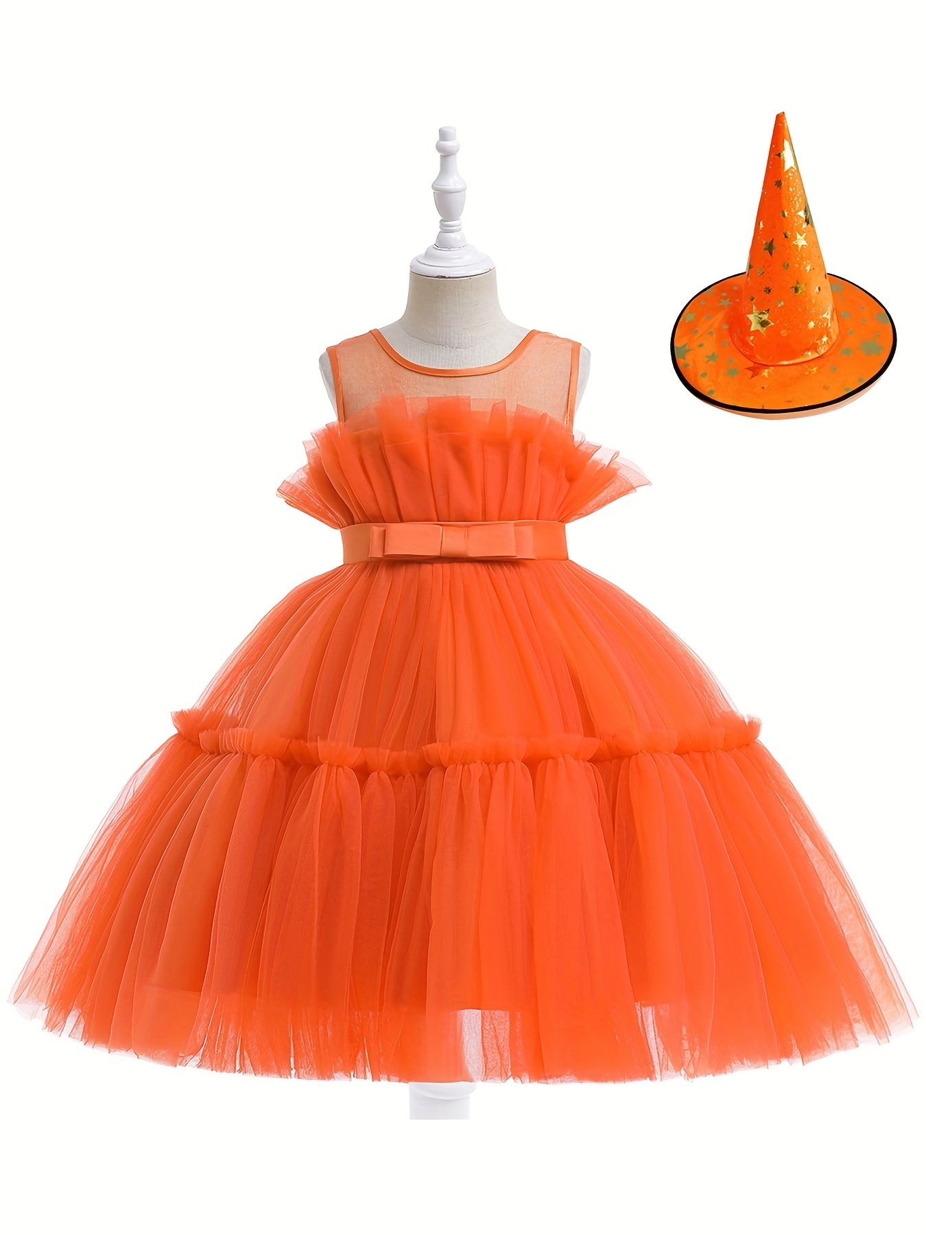 Little Girl Princess Dress Mesh Tutu Dress Belted Sleeveless Girl Dress Halloween Costume With Hat Accessories