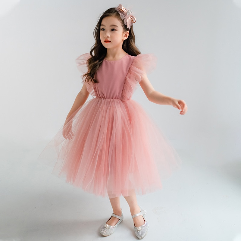 Fashion Baby Girl Flying Sleeve Dress Pink Princess Mesh Dress Children Performance Dress Kids Party Birthday Baby Clothes 1-12Y