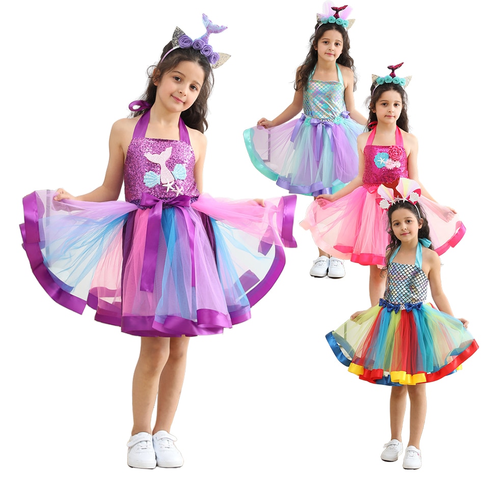 Disney Girls Mermaid Tulle Tutu Dress Under the Sea Theme Birthday Party Halloween Cosplay Costumes with Flower Headband 2-12Y