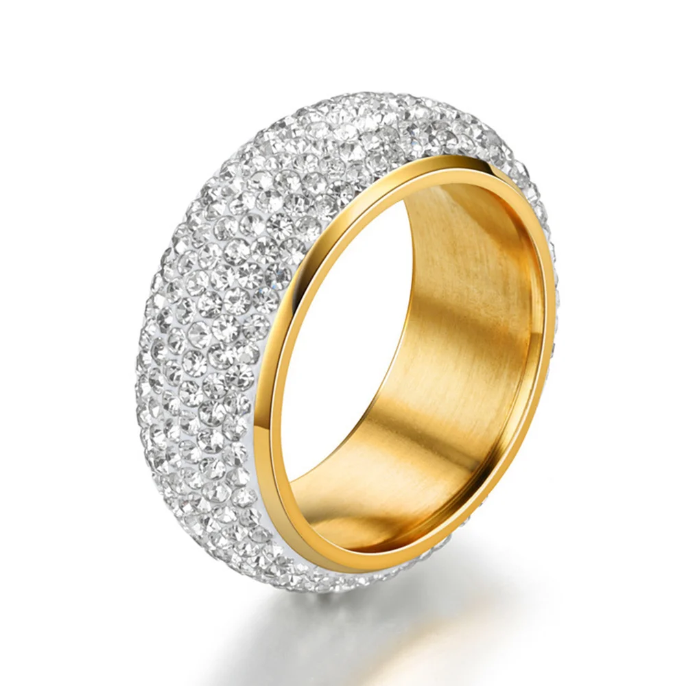 Hip Hop Iced Out Bling Arc Circle Ring Gold Silver Color Stainless Steel Cubic Zirconia Wedding