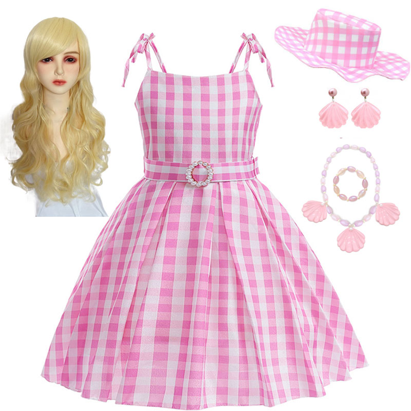 Hot Movie Costume for Girls Pink Plaid Kids Princess Dress Birthday Halloween Carnival Party Cosplay Vestidos Children Clothes