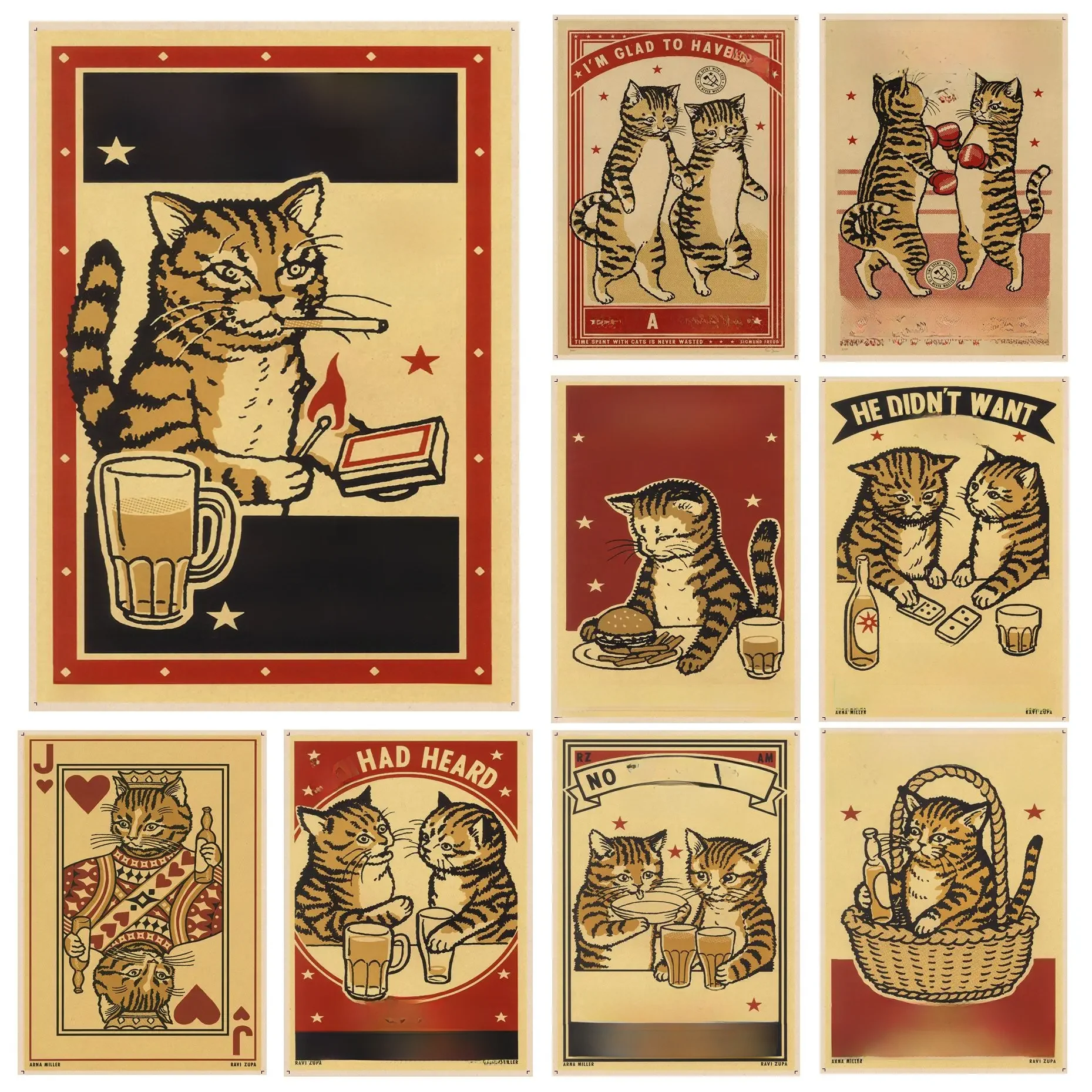 Everybody Cheers Drunk Dinner Pet Cat Classic Anime Poster Whitepaper Sticker DIY Room Bar Cafe