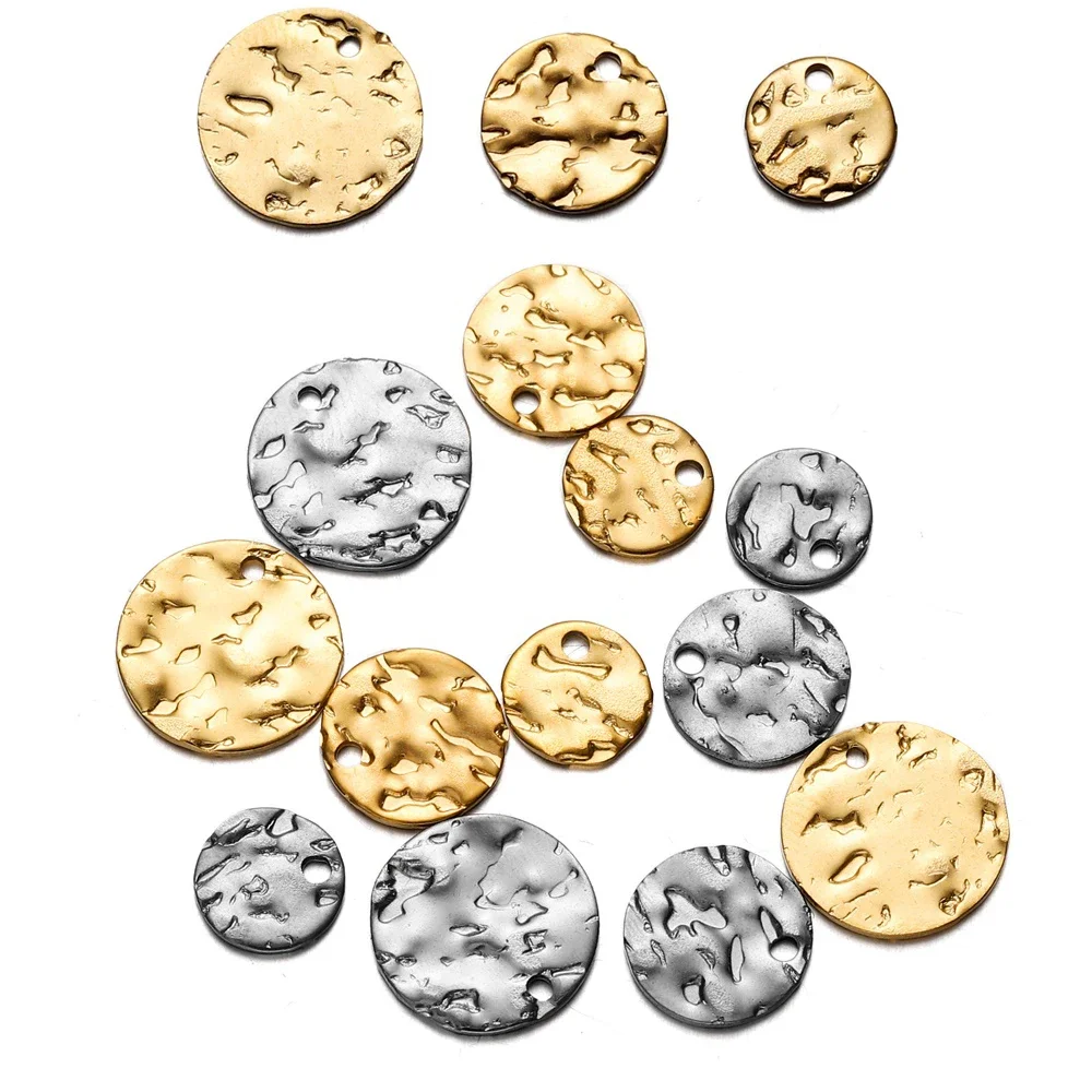 20pcs/lot 8/10/12mm Stainless Steel Round Hammered Charms Embossing Charm Earrings Pendant For DIY