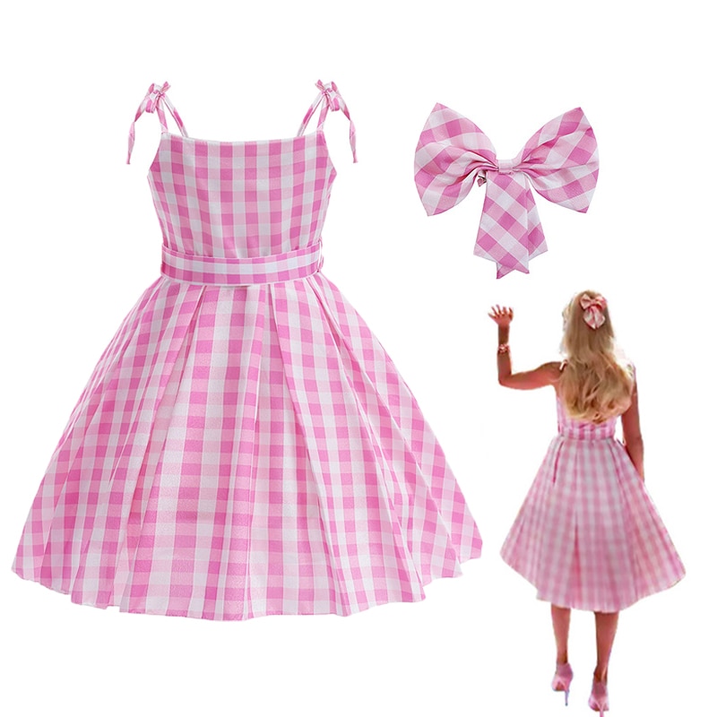 Child Girl Margot Robbie Pink Barbi Cosplay Costume Girls Plaid Princess Skirt Kids Birthday Party Dress Baby Halloween Clothes
