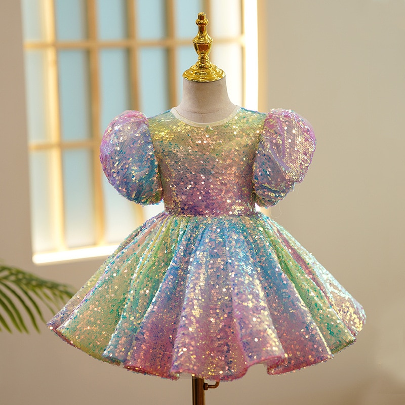 Children's Princess Dress Puffy Veil Flower Girl Birthday Piano Performance Clothes Little Host Runway Weekend Gown Dress S