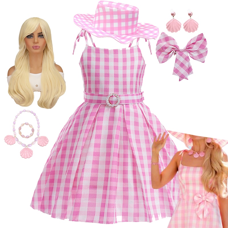 Hot Movie Barbi Costume For Kids Girls Cosplay Pink Plaid Dress Halloween Girl Dress Up Carnival Party Clothes With Hat 2-10T