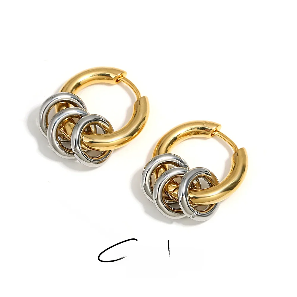 Greatera Two Tone Ring Huggie Earrings for Women Gold Plated Metal Geometric Round Circle Hoop