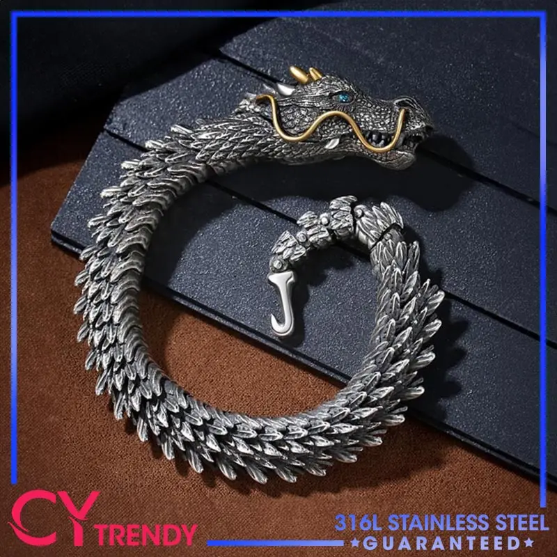 Vintage Men's Punk Domineering Ancient Dragon Snake Link Bracelets Accessories Hiphop Style 925