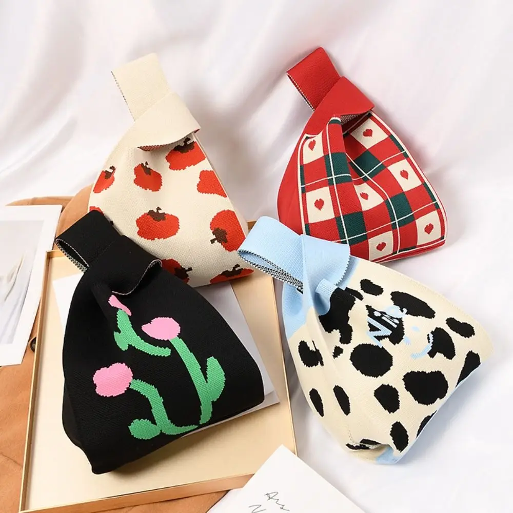 New Niche Design Handmade Knitted Handbag Tote Bag Knot Wrist Bag for Women Girls Reusable Shopping