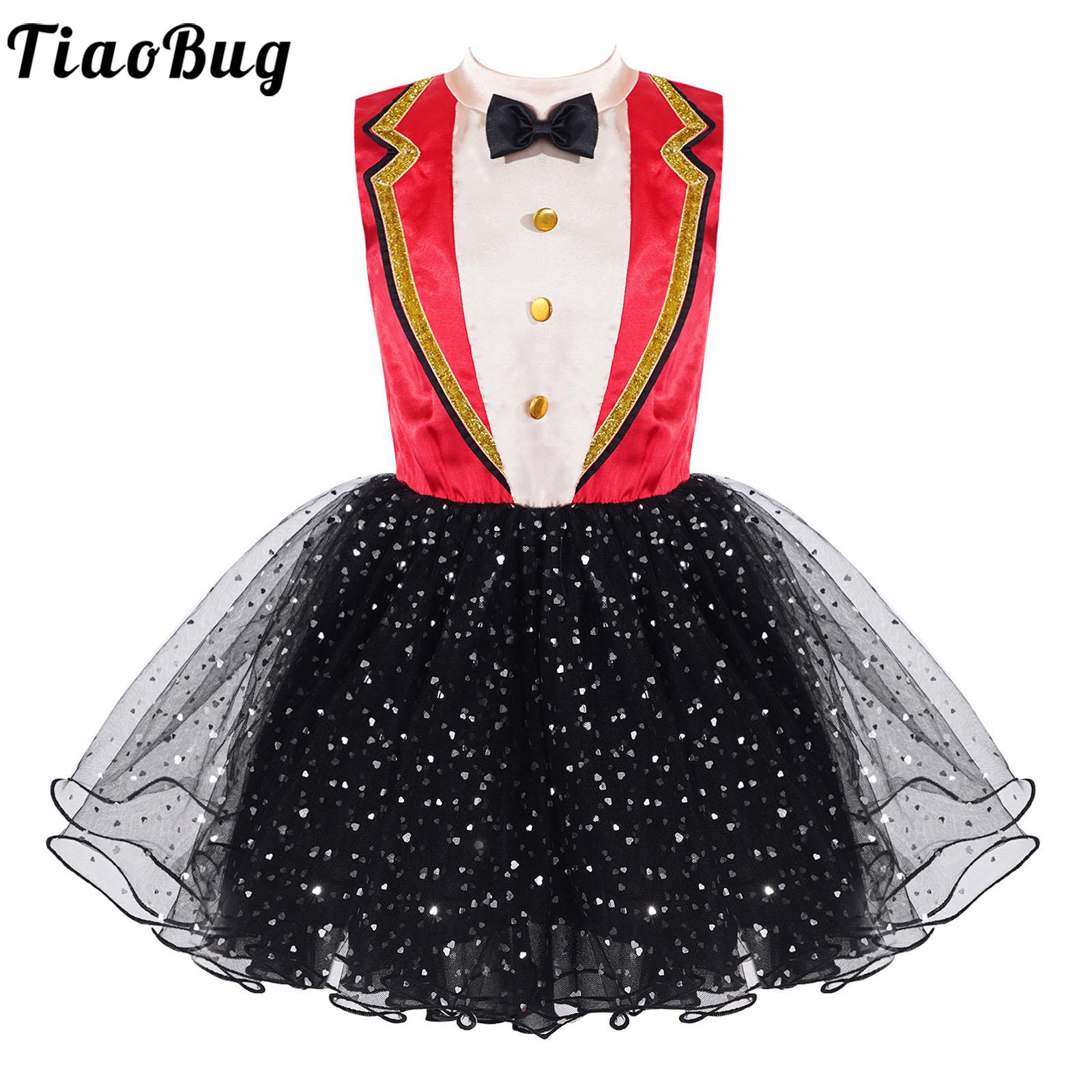 Kids Girls Circus Ringmaster Magician Costume Sleeveless Shiny Mesh Tutu Dress Halloween Carnival Theme Party Cosplay Clothes
