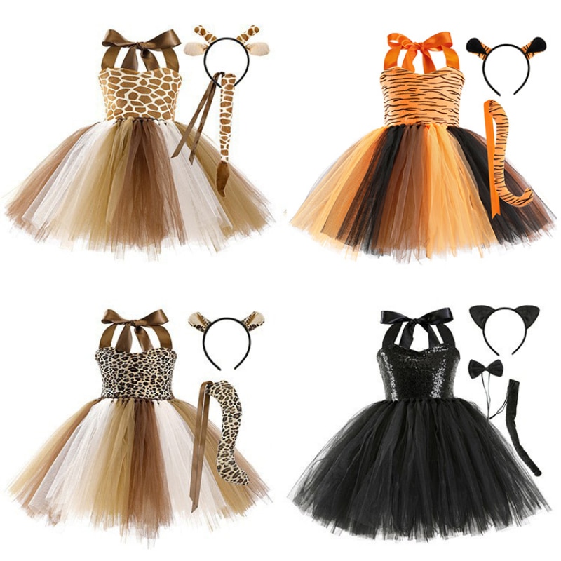New Tutu Skirt Set Children's Clothing Animal Cos Elk Halloween Clothing Little Cat Mesh Girls' Dress School Performan