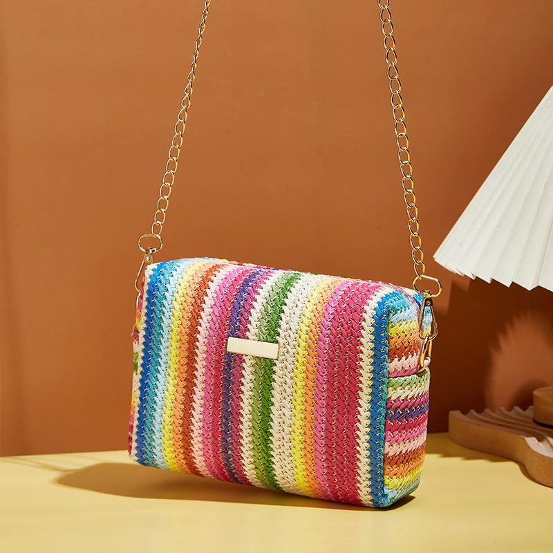 Rattan Knitting Women Straw Bag Beach Summer Chain Small Purse and Handbag Female Shoulder Crossbody