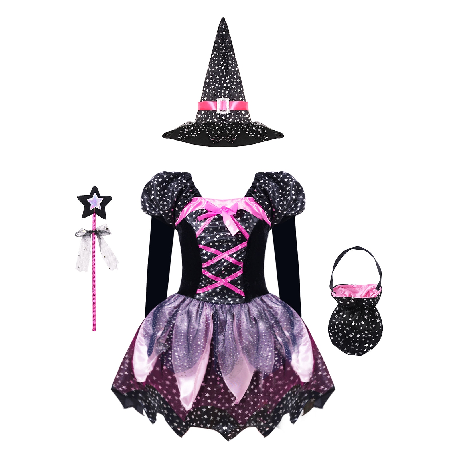Kids Girls Halloween Witch Cosplay Costume Carnival Party Dress Up Sparkly Silver Stars Print Princess Dress with Pointed Hat