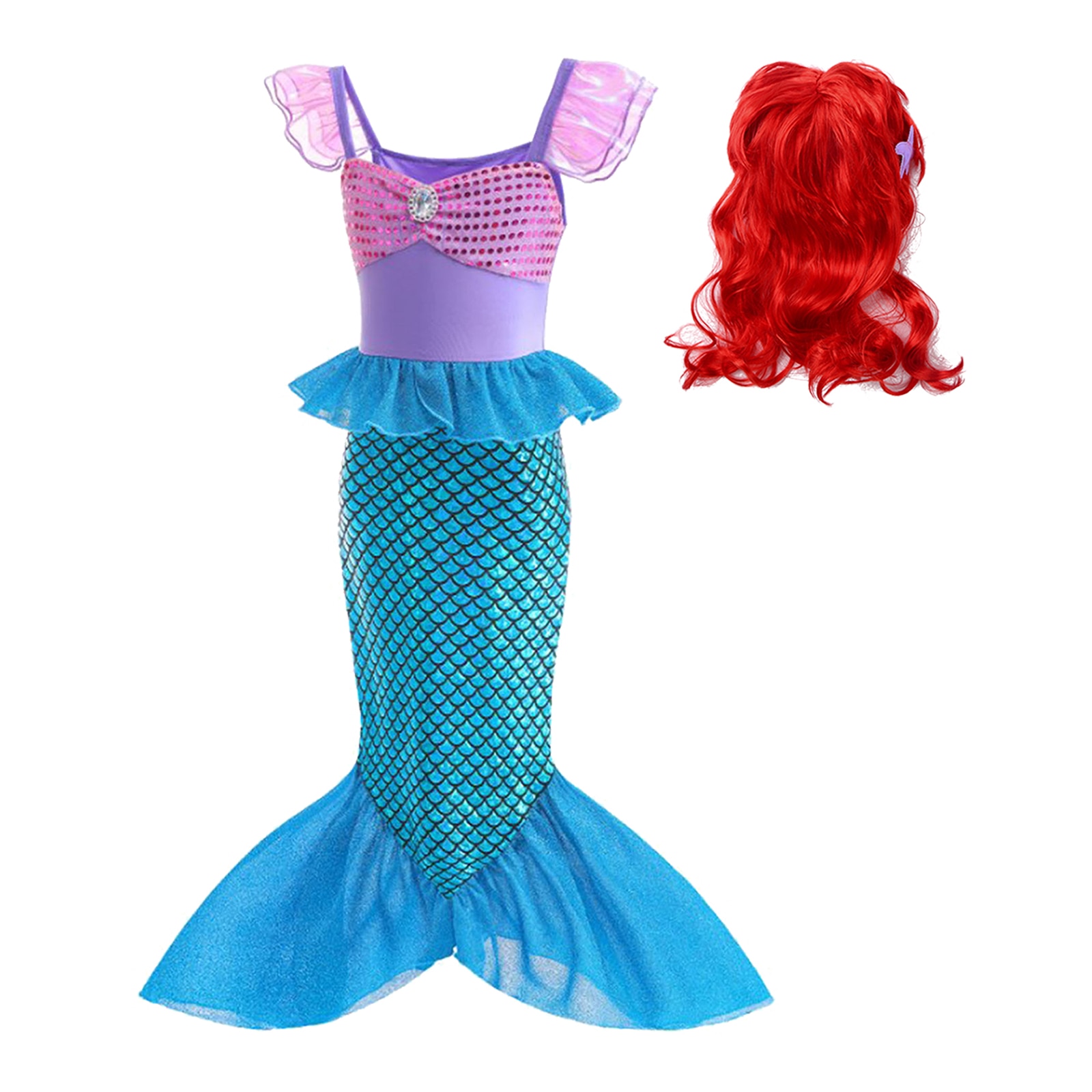 Kid Girls Mermaid Princess Costume Sequin Fish Scales Printed Fishtail Dress with Starfish Wig for Halloween Cosplay Theme Party