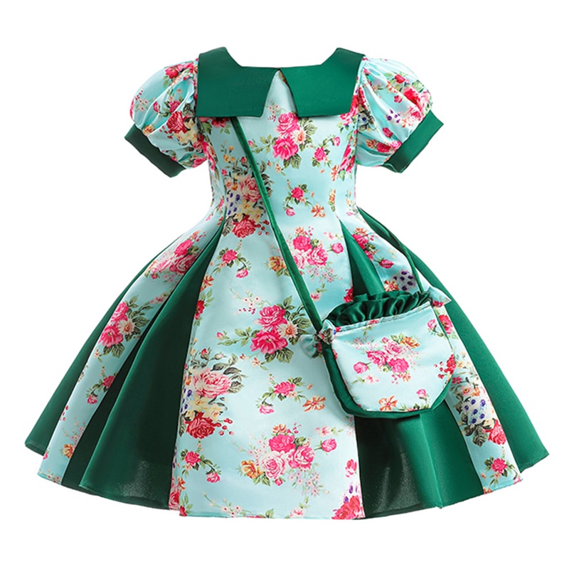 Green Christmas Party Dress For Girls Children Costume Vintage Floral Print Birthday Wedding Prom Gown Kids Girl Princess Dress
