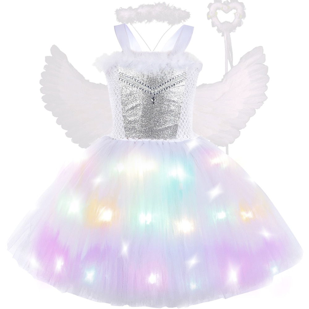 Led Lights White Angel Costumes for Girls Christmas Tutu Dress with Wings Kids Halloween Fairy Outfit Princess Holiday Clothes