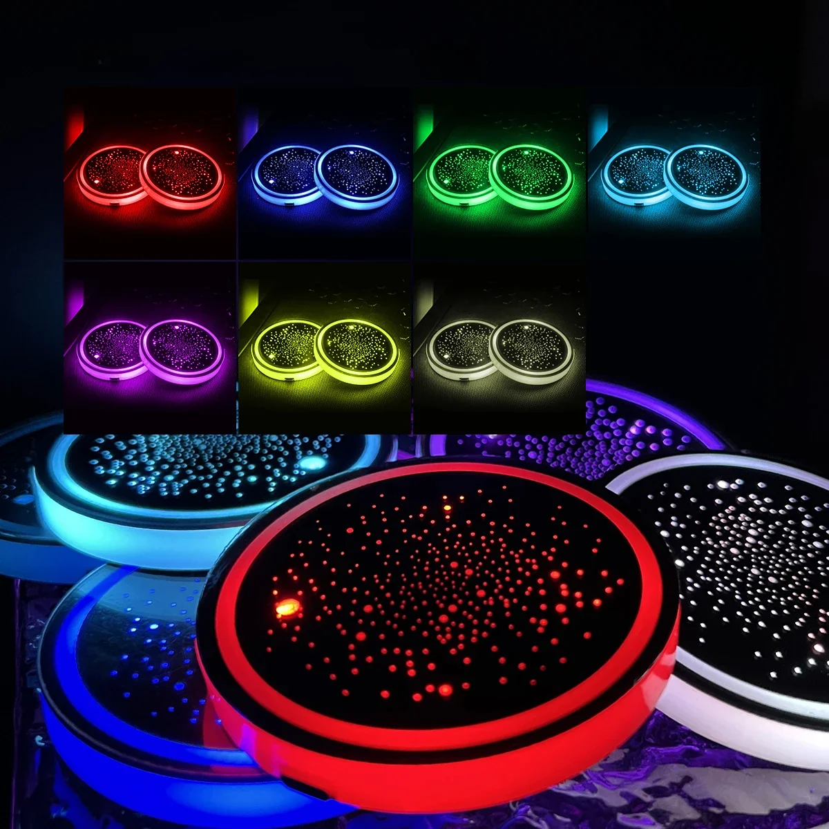 2PCS LED Cup Holder Lights for Car, Rechargeable 7 Color-Changing Light Up Cup Holder Insert