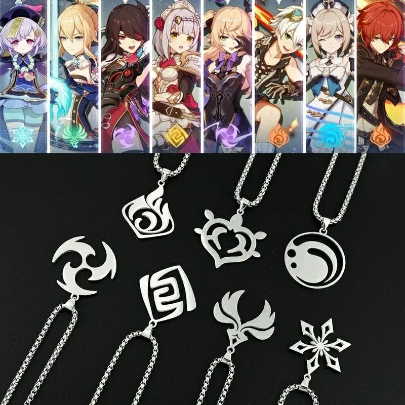 Genshin Impact Titanium Pendant Necklaces Element Pyro Hydro Anemo Electro Dengro Cyro Geo Hutao Boo