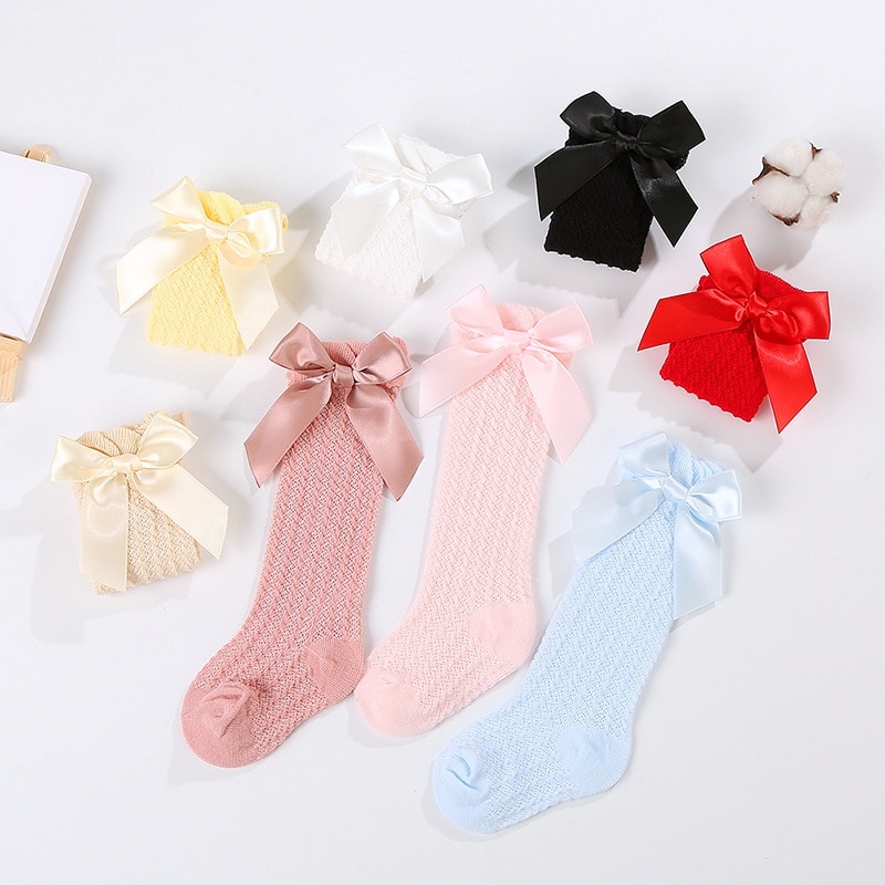 Infant Baby Girls Long Stockings Princess Cute Bowknot Solid Color Breathable Soft Mouth Socks Over-The-Knee Socks 0-3Y
