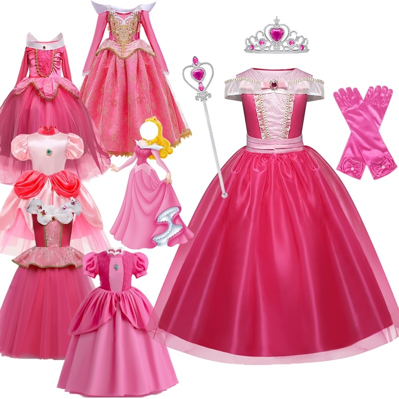 Girls Sleeping Beauty Peach Princess Cosplay Costume Halloween Carnival Disguise Kids Clothes Birthday Vestidos Party Outfits