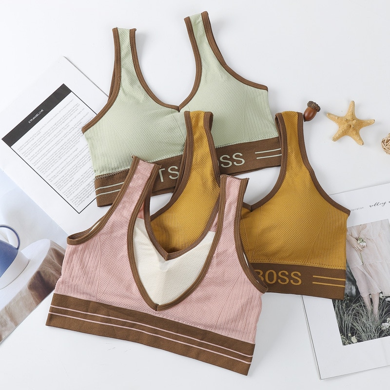 Seamless Sports Yoga Bra Deep V Back Wrap Chest Wide Shoulder Strap Contrast Tank Top Underlay