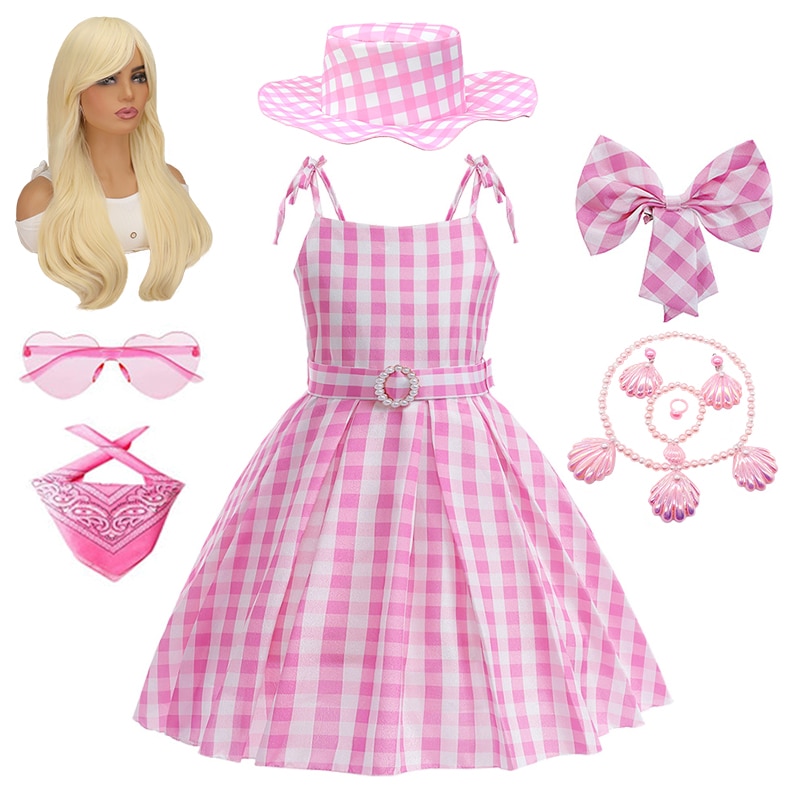 Summer Fancy Girl Cosplay Live Action Movie Barbi Pink Plaid Print Halter Princess Dress Children Outdoor Beach Party Clothes