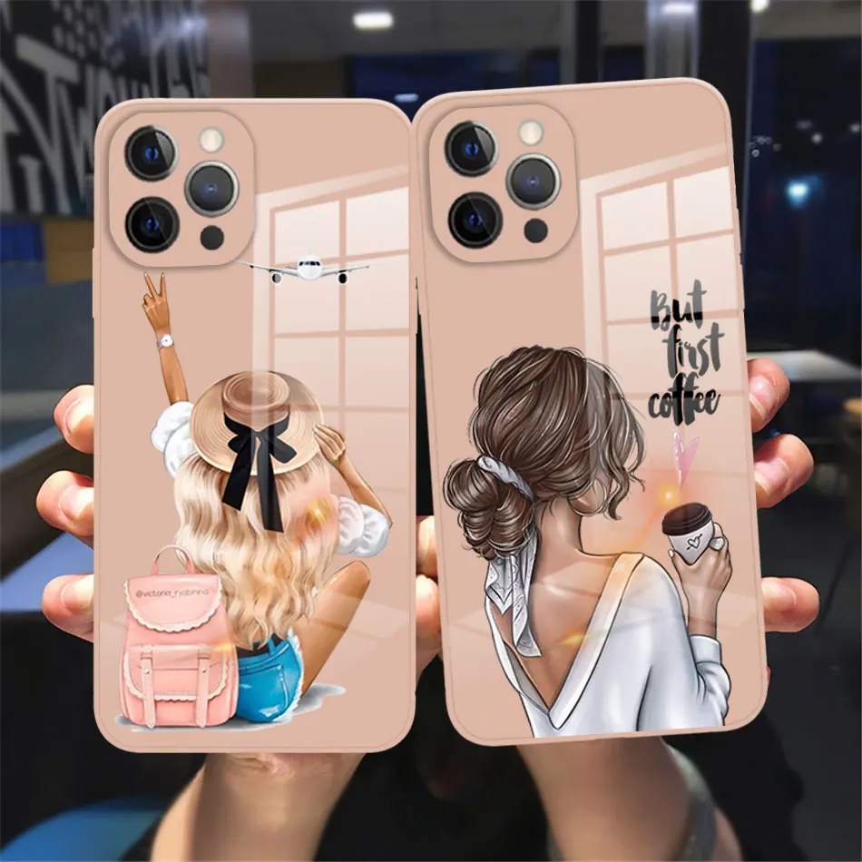 Fashion Pretty Girl Pink Tempered Glass Soft Border Fall Phone Case Suitable for IPhone14 13 12 11