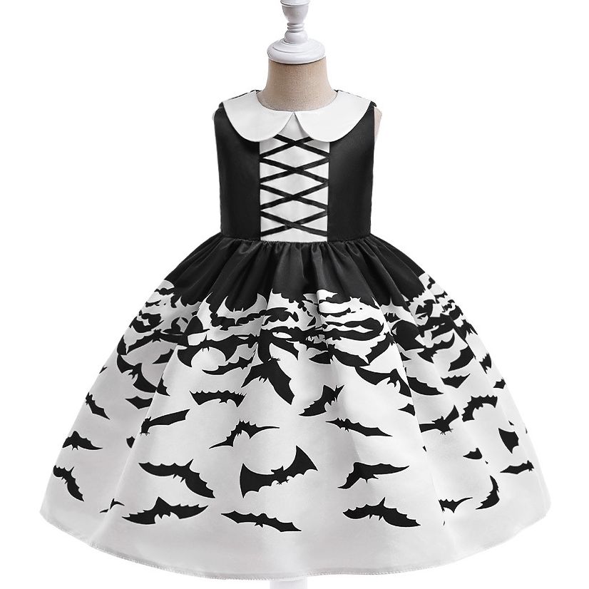 2023 New Halloween Children's Cosplay Costume Girl Halloween Party Fashion Dress Cartoon Printed Satin Performance Dance Co