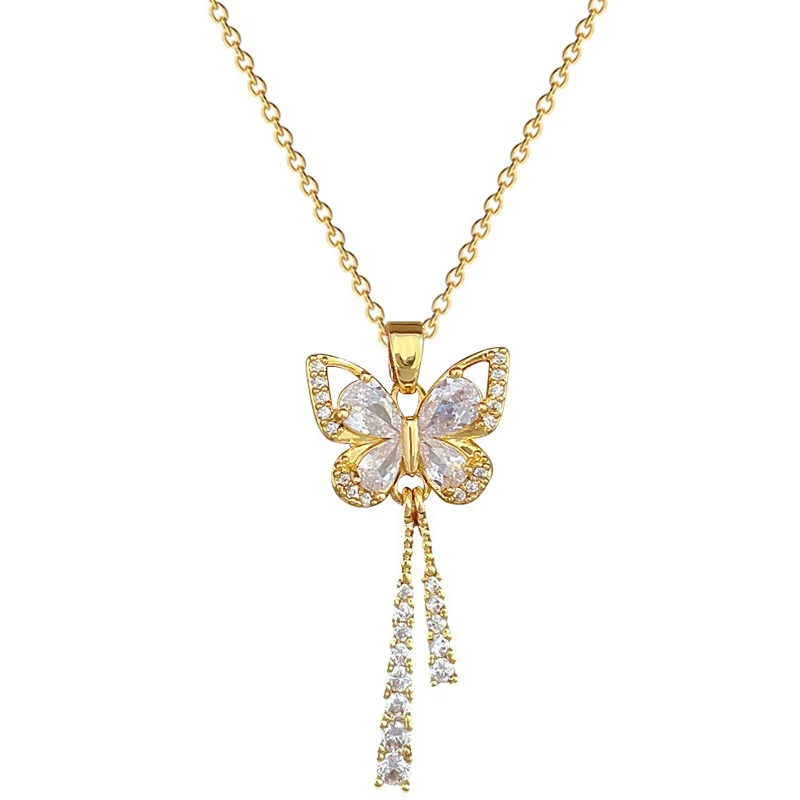 OIMG 316L Stainless Steel Gold Plated Luxury Jewelry Romantic Taseel Butterfly Necklace For Women