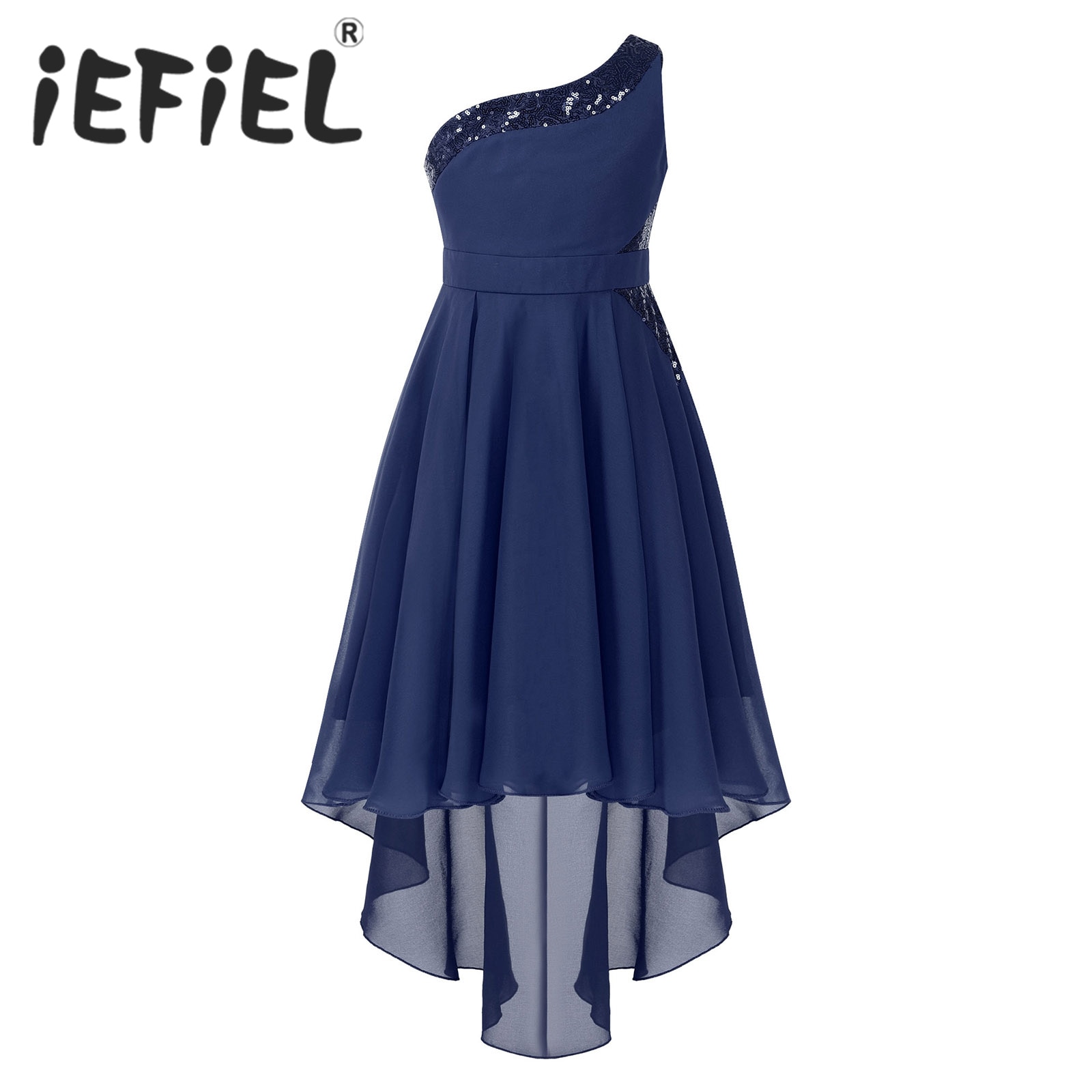 Kids Girls Flower Girls Dress One Shoulder Sleeveless Pleated High-Low Hem Sequins Chiffon Summer Dress for Evening Wedding Prom
