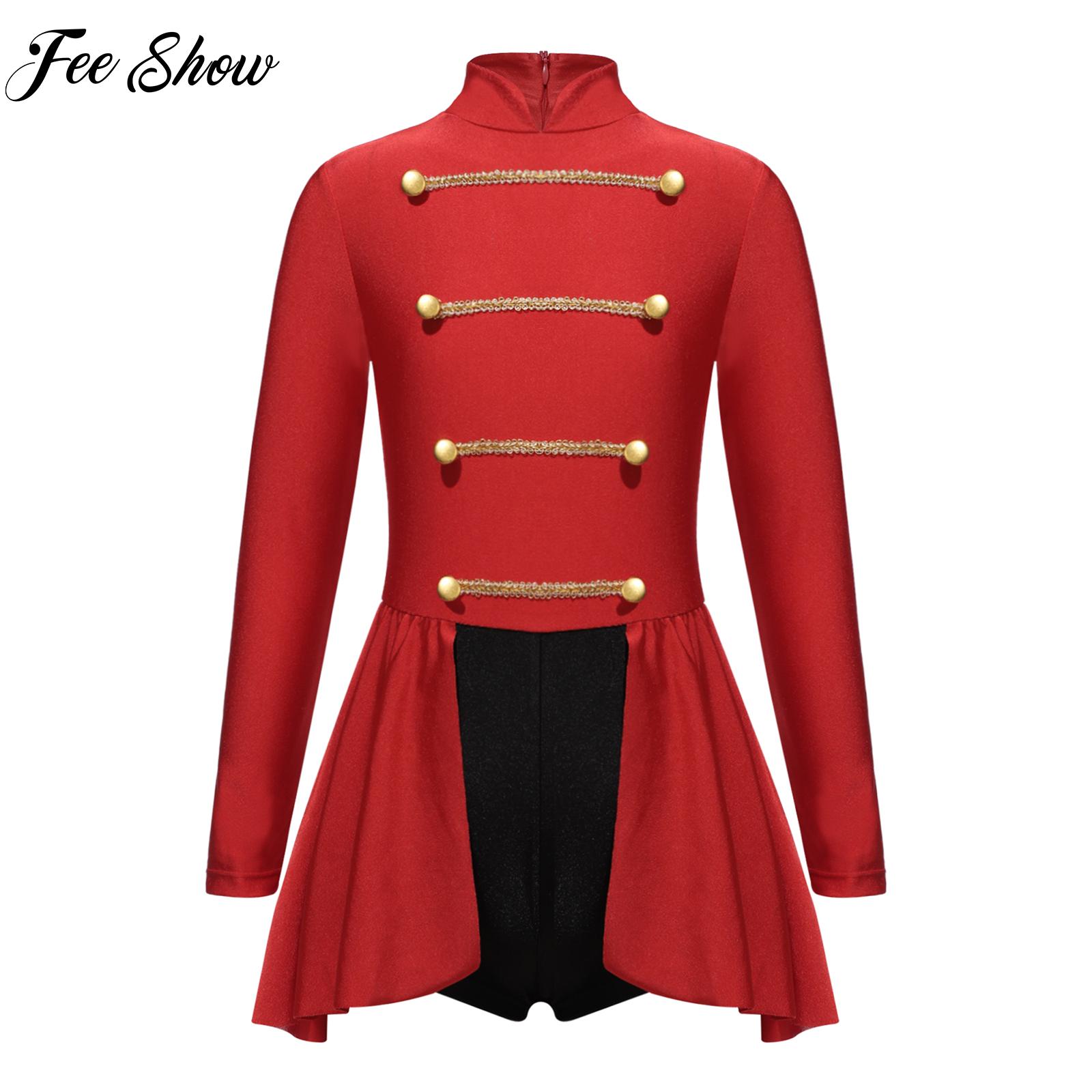 Kids Girls Circus Dance Costume Mock Neck Long Sleeve Buttons Dress Jumpsuit for Halloween Festival Cosplay Carnival Performance