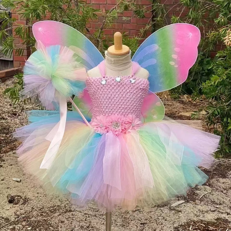 Baby Girls Pastel Butterfly Fairy Dress Kids Flower Tutu Dresses Outfit Child Birthday Halloween Christmas Party Tulle Costumes