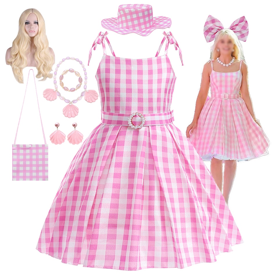 Girls Casual Beach Dress 2023 Movie Barbi Retro Pink and White Plaid Slip Mini Princess Dress Cosplay Halloween Party Costume