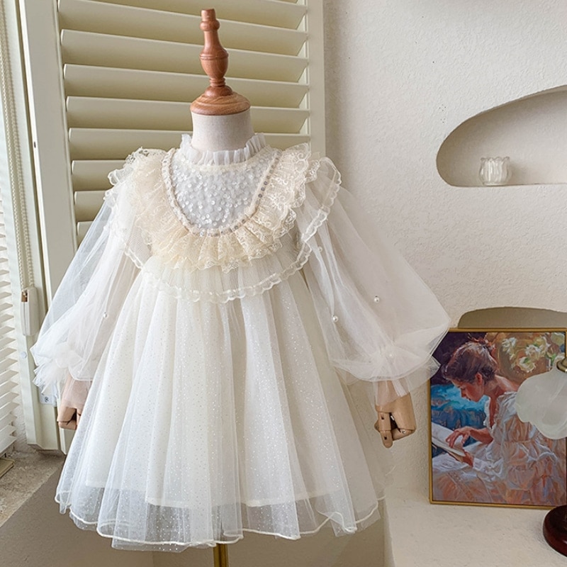 Fashion Girl Gauze Princess Dress Puffed Sleeve Autumn Infant Toddle Child Lace Sequins Sweet TUTU Dress Party Baby Clothes1-12Y