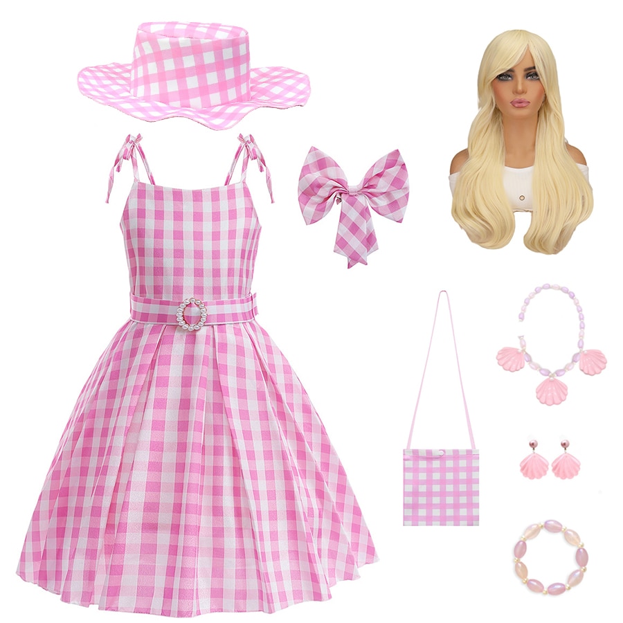 Pink Girl Princess Cosplay Pink Dress Kids Girls Full Set Hat Bag Halloween Carnival Kids Party Clothes Disguise