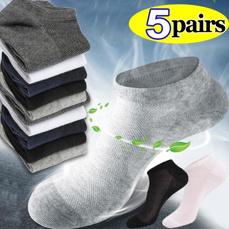 5Pairs Mesh Men's Short Socks Spring Summer Cotton Socks Breathable Sports Sox Solid Color Boat Socks Ankle Hosiery White B