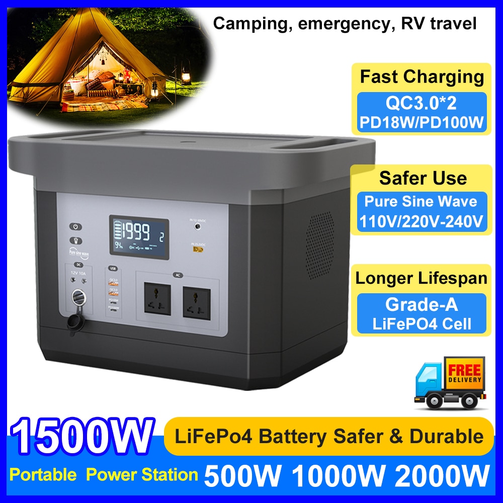 Portable Power Station 500W 1000W 1500W Power Bank Generator with QC3.0 PD AC Output for Outdoor Camping Emergency Backup
