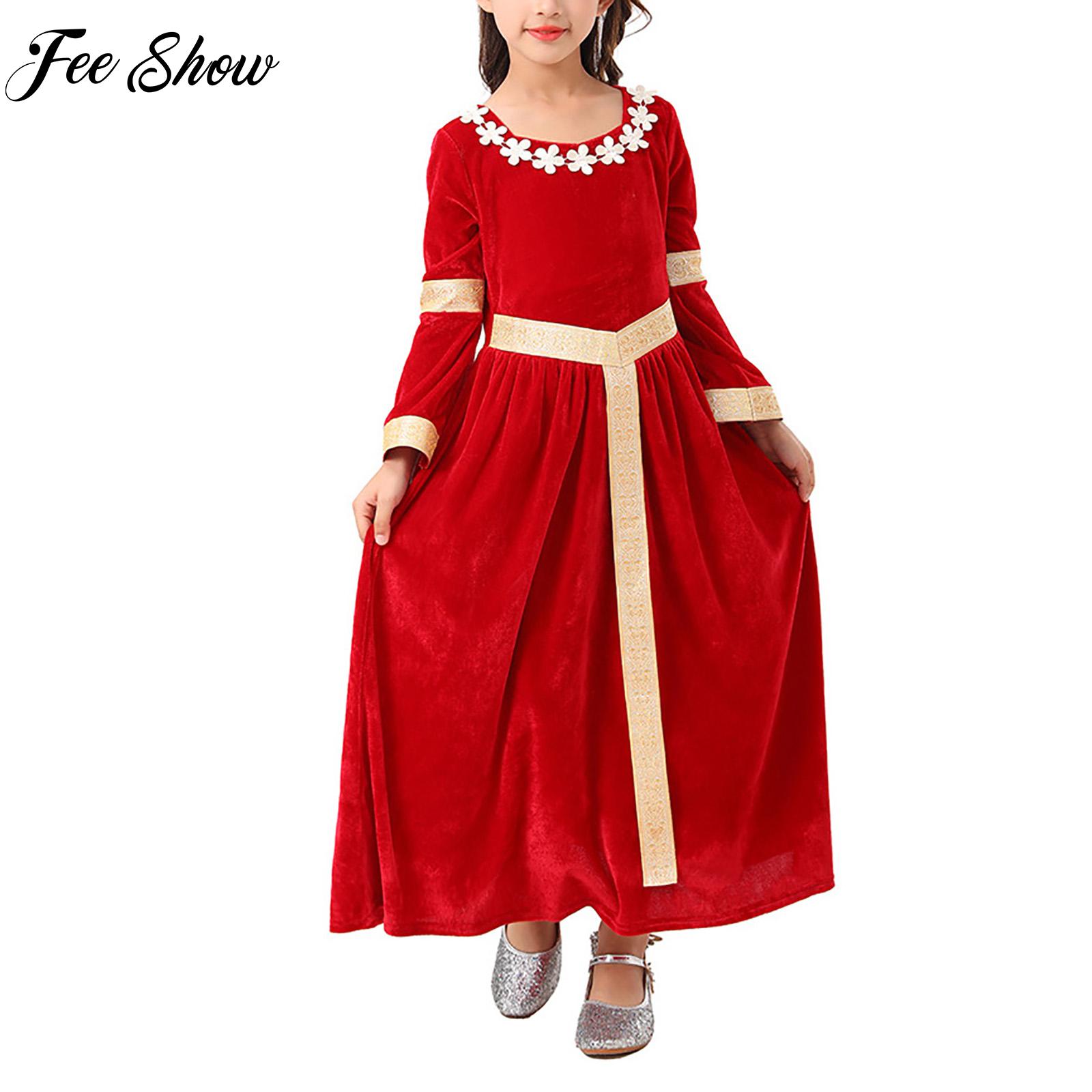 Kids Girls Red Medieval Queen Princess Cosplay Costume Flowers Patchwork Dress Renaissance Royalty Dress Up Fancy Costume