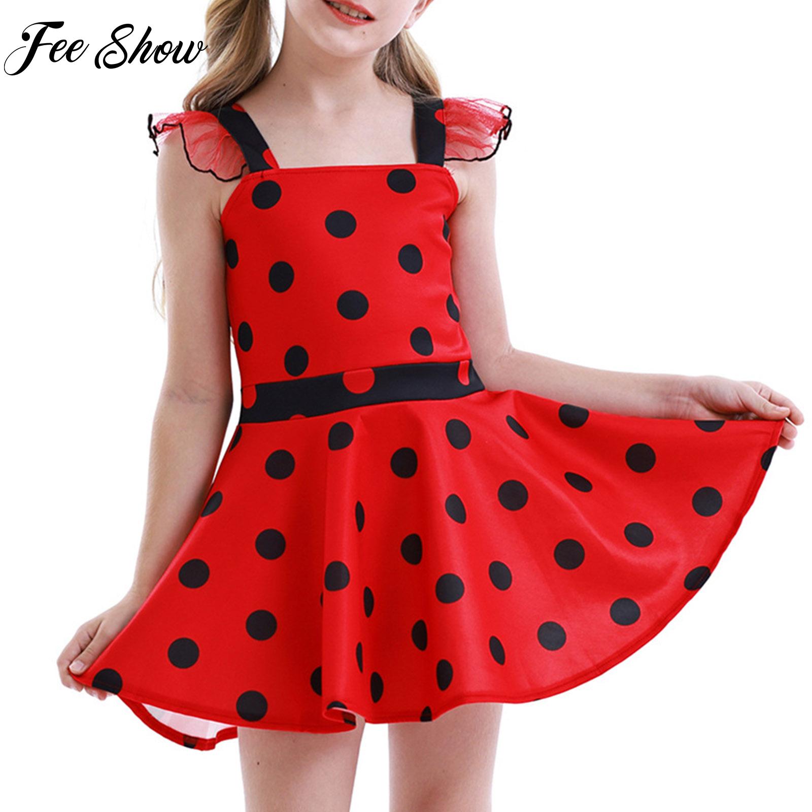 Kids Cartoon Ladybug Cosplay Dress Polka Dots Print A-line Short Dress Halloween Party Evening Cosplay Costume Kids Baby Frocks