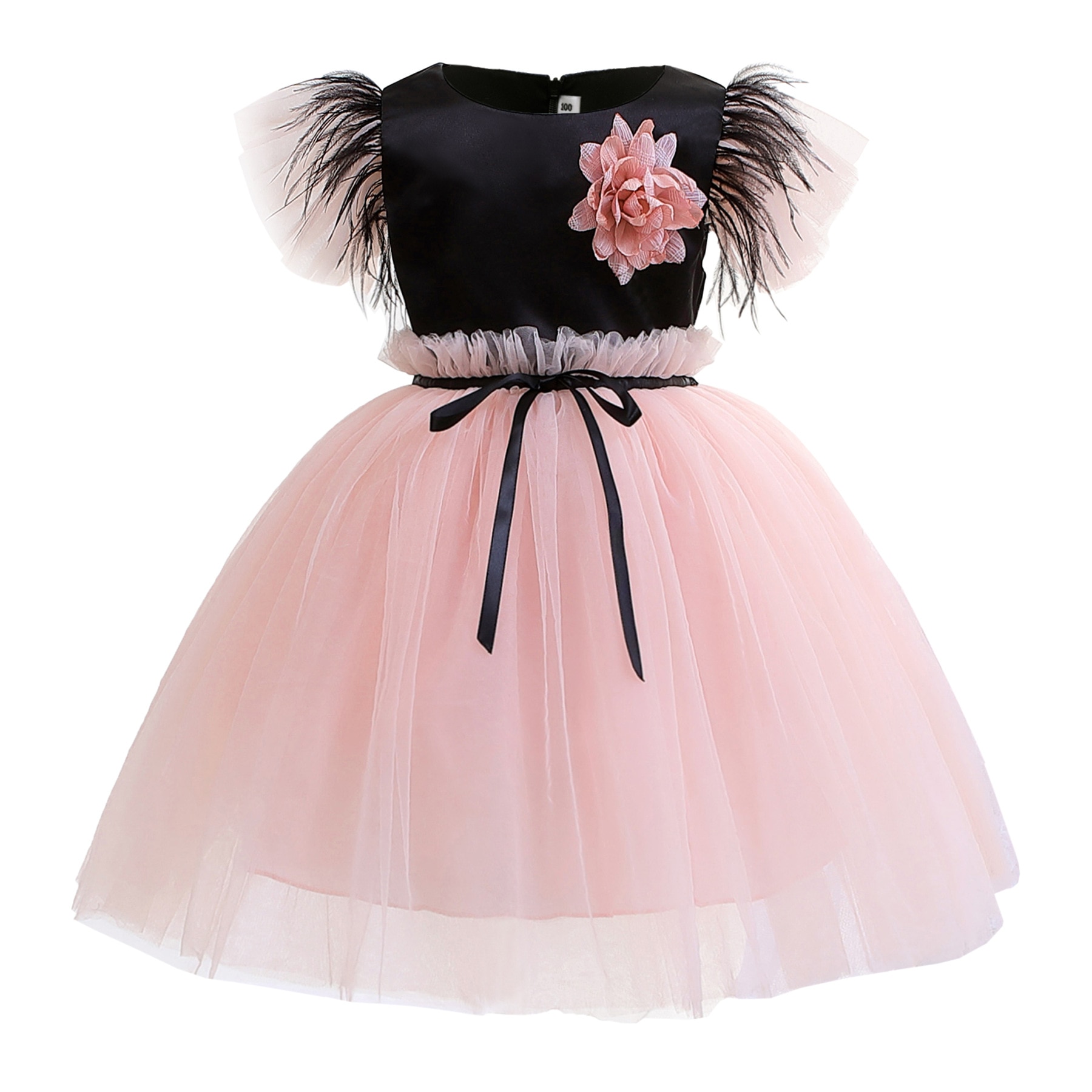 Christmas Wedding Girls' Dress 2023 New Children's Wear Baby Feather Sleeves Flower Dress Fluffy Mesh Princess Dress