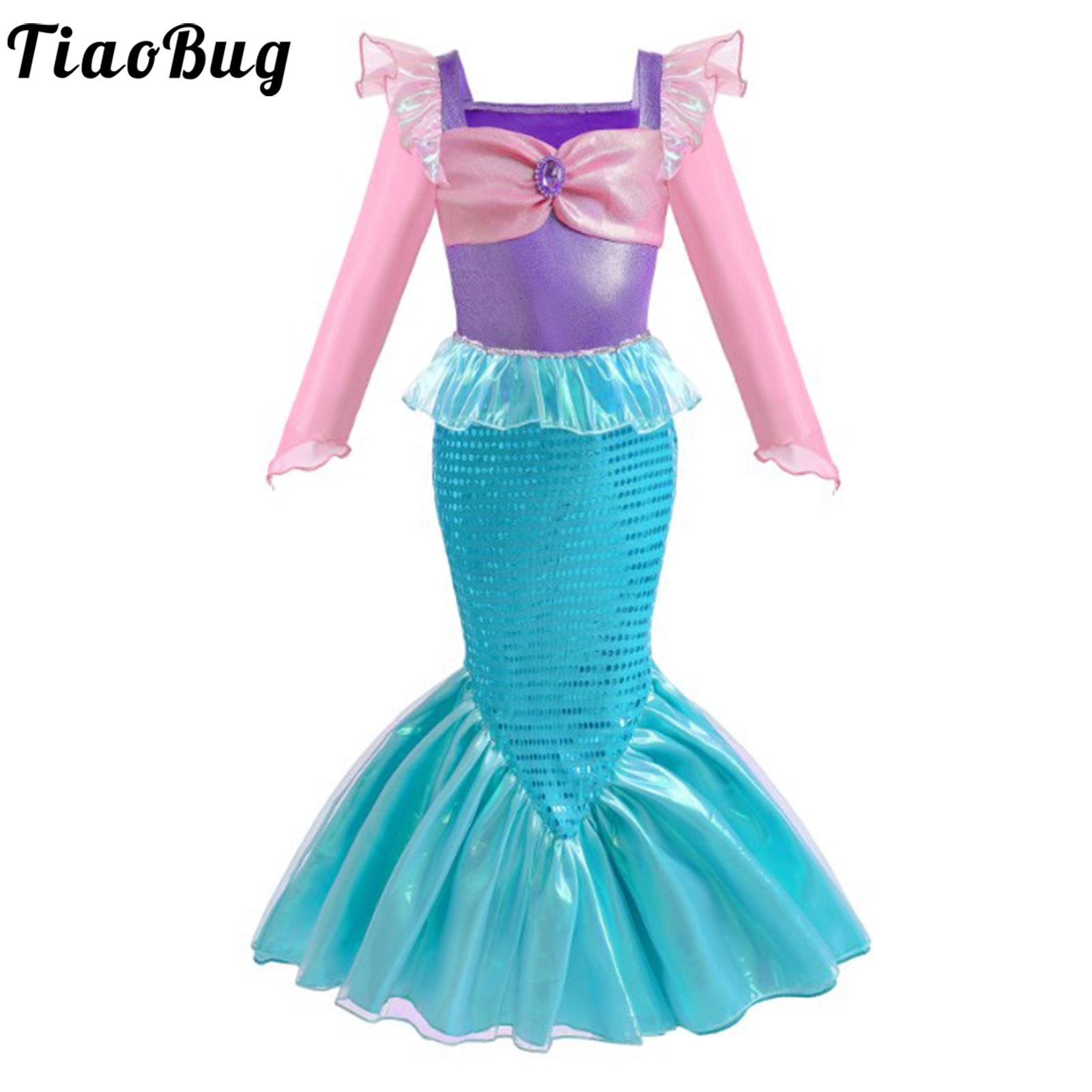 Kids Girls Mermaid Princess Costume Dress Halloween Cosplay Theme Party Long Sleeve Shiny Gem Sequins Flounce Fishtail Skirt