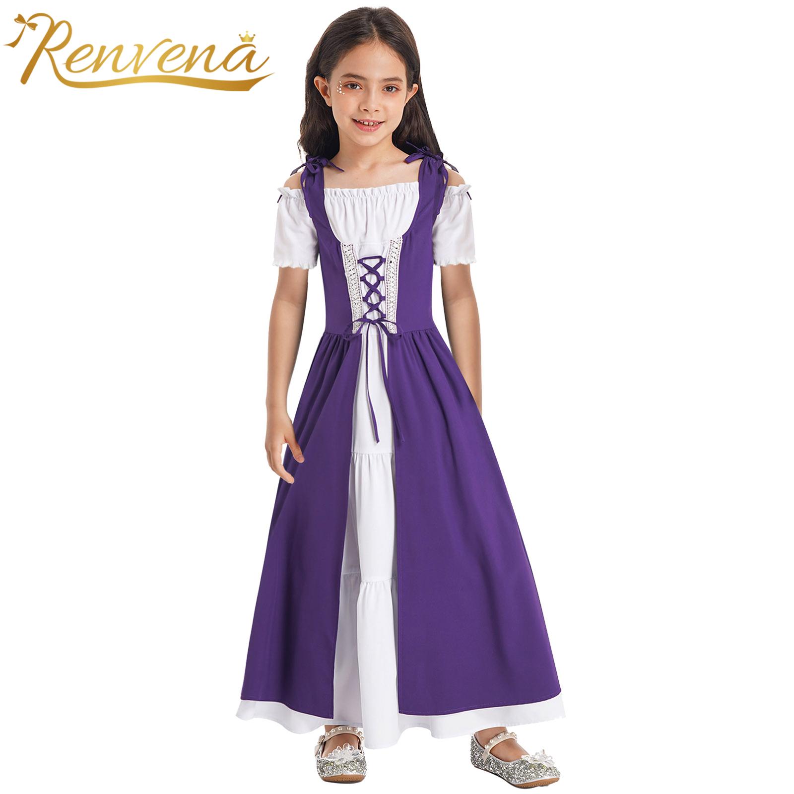 Kids Grils Renaissance Princess Cosplay Dresses Medieval Irish Over Dress Children Boho Gothic High Waist Carnival Gown Costume