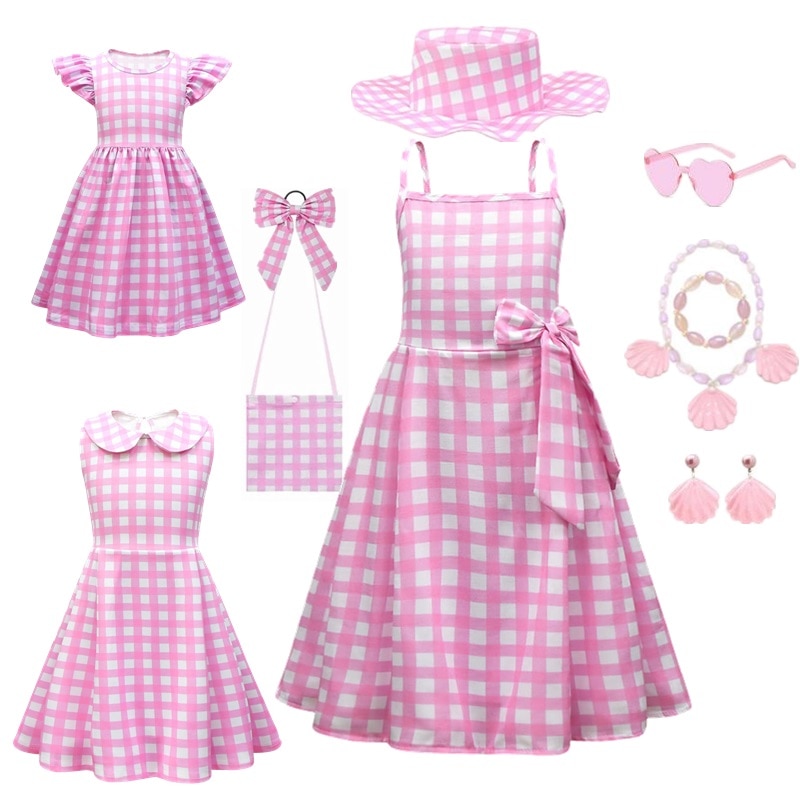 Fancy Barbie Cosplay Costume for Baby Girl Dress Halloween Sling Plaid Pink Party Princess Dress Canival Brithday Girl Clothes