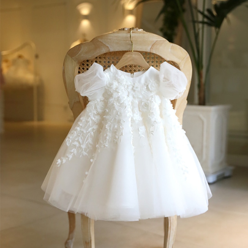Flower Girl Wedding Dress for Baby Girls Infant Lace Patchwork White Ball Gowns Children Baptism Eid Formal Elegant Dresses