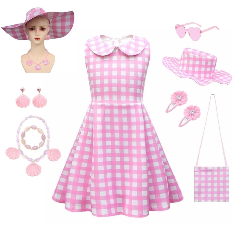Barbie Cosplay Costume for Girl Dress Halloween Carnival Birthday Fancy Dress Up Sling Pink Plaid Princess Dress Child Clothes