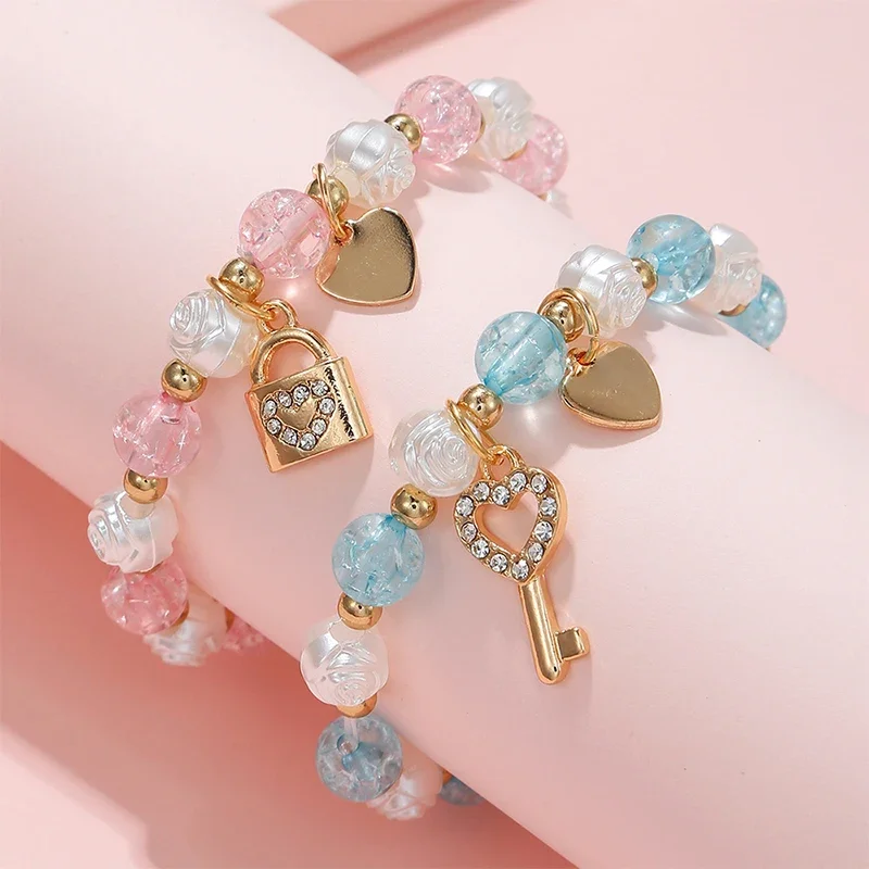2pcs/set Handmade Key Lock Heart Charm Stretch Beads Bracelet for Girls Friendship Party Birthday